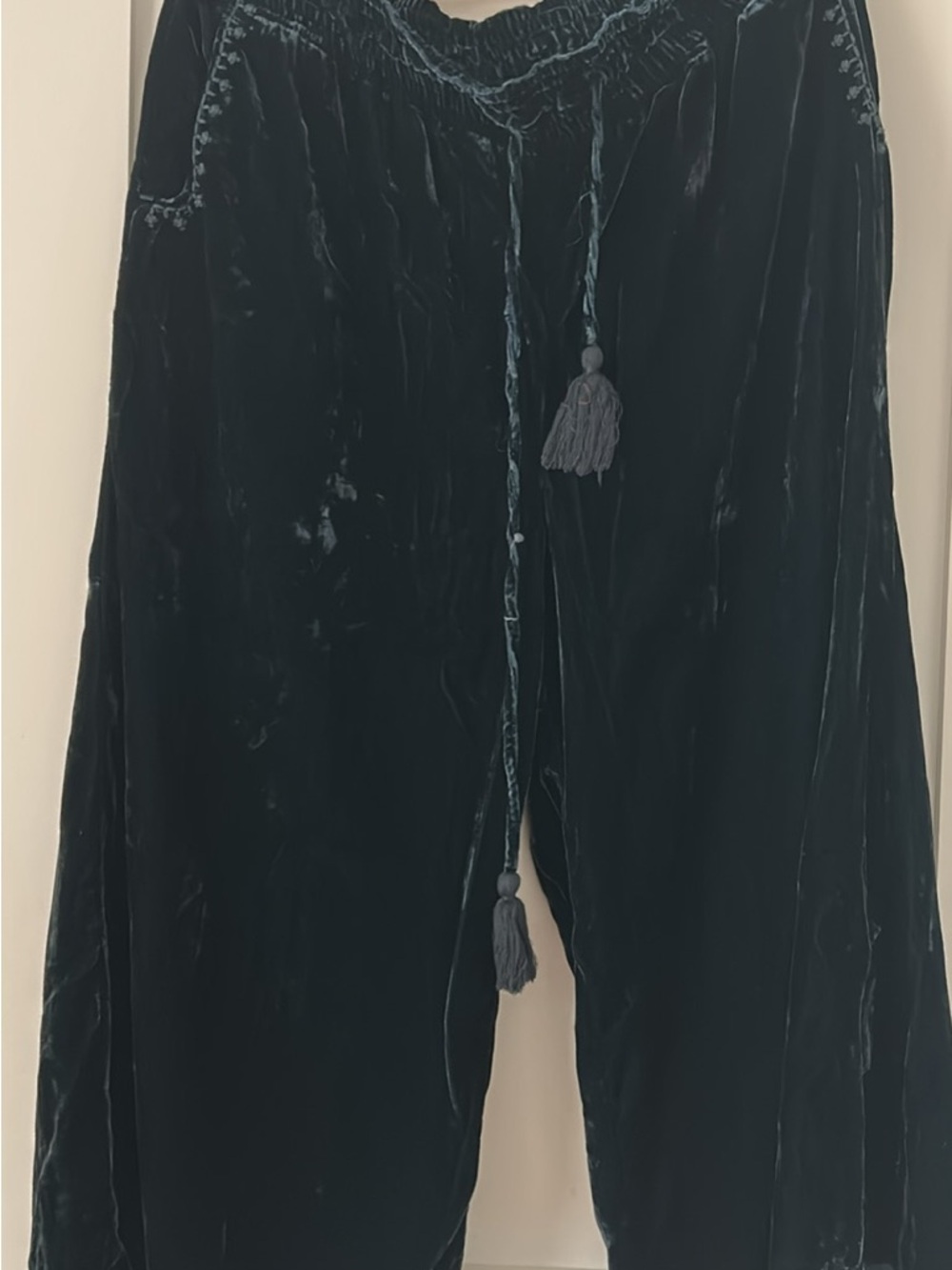 Anthropologie Deep Teal Velvet Jumpsuit with Tassel Drawcord